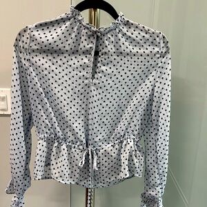 XS Baby blue & black polka dot draw string waist blouse functional button neck